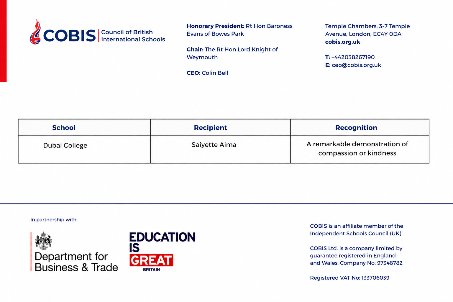 COBIS Recognition